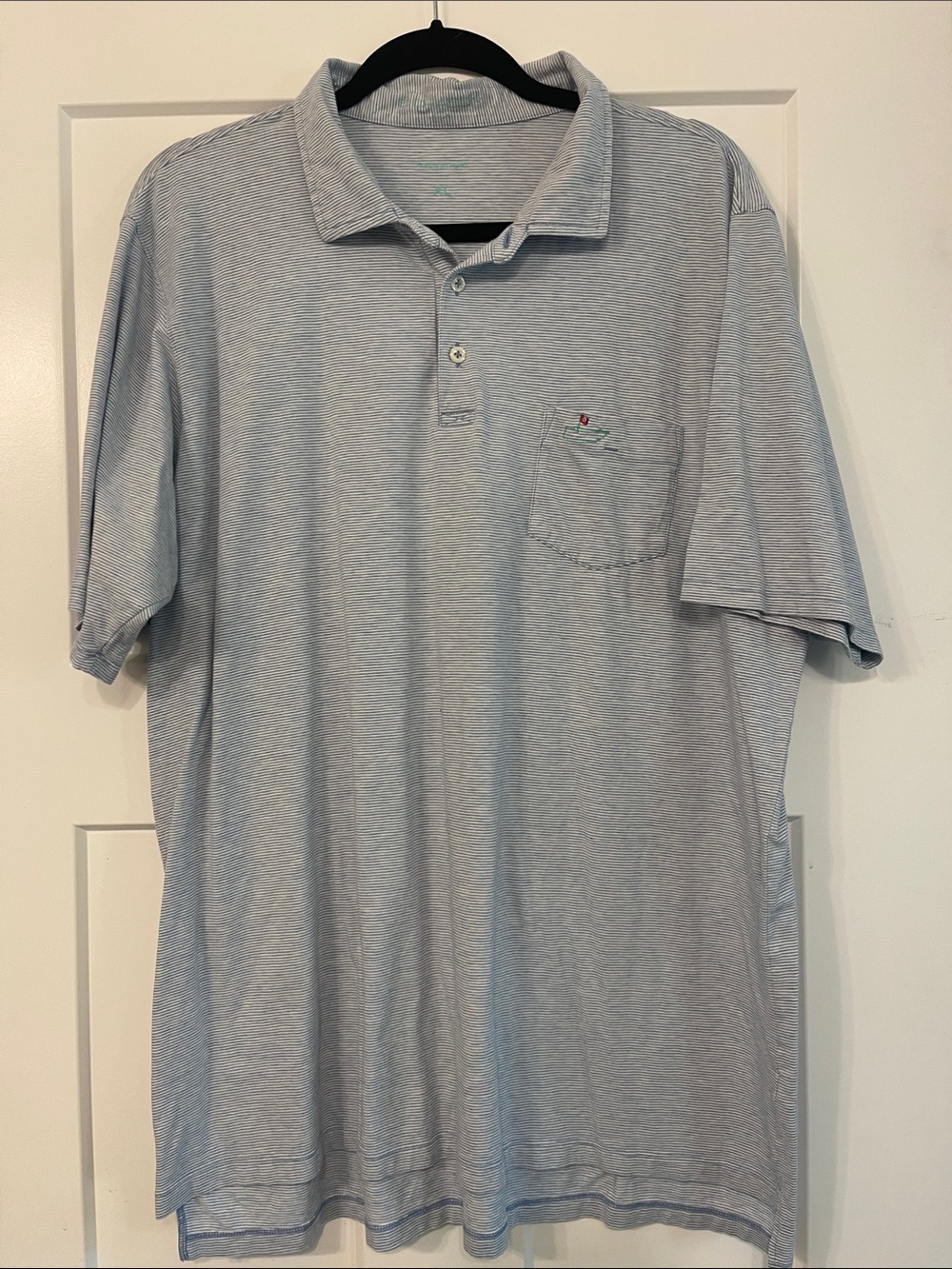 B. Draddy Men's Light Blue & White Striped Pocket Polo Shirt